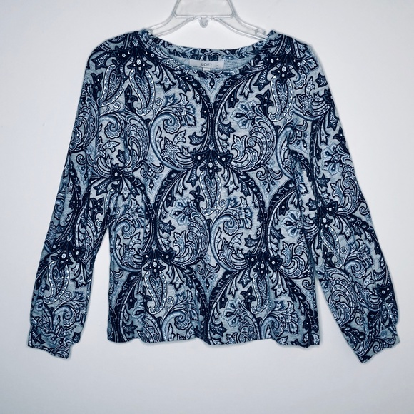 LOFT | Paisley Blouson Puff Sleeve Sweatshirt Gray Puff Long Sleeves - Picture 2 of 6